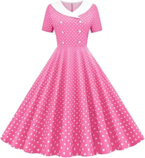 Women Double Breasted Notch Lapel 50s Vintage Short Sleeve Cocktail Swing Dress Polka Dot 1950s Rockabilly Prom Midi Dress
