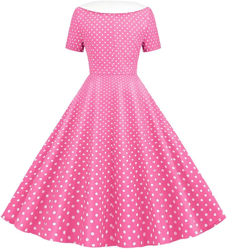 Women Double Breasted Notch Lapel 50s Vintage Short Sleeve Cocktail Swing Dress Polka Dot 1950s Rockabilly Prom Midi Dress