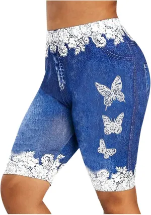 Women High Waisted Stretch Bermuda Shorts Lace Hem Distressed Jean Shorts Plus Size Denim Butt Lift Shorts Yoga Pants