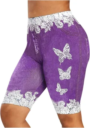 Women High Waisted Stretch Bermuda Shorts Lace Hem Distressed Jean Shorts Plus Size Denim Butt Lift Shorts Yoga Pants