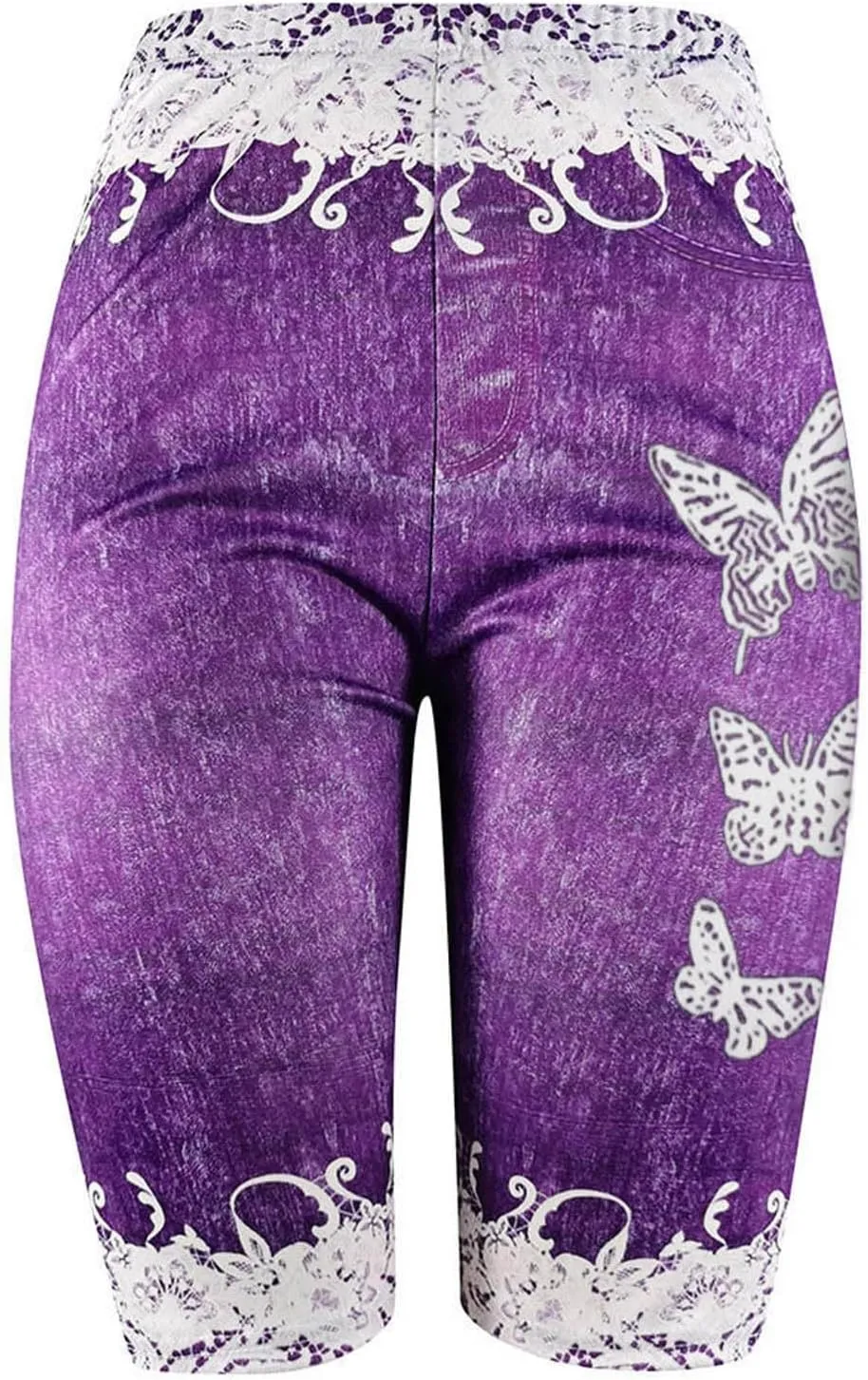 Women High Waisted Stretch Bermuda Shorts Lace Hem Distressed Jean Shorts Plus Size Denim Butt Lift Shorts Yoga Pants