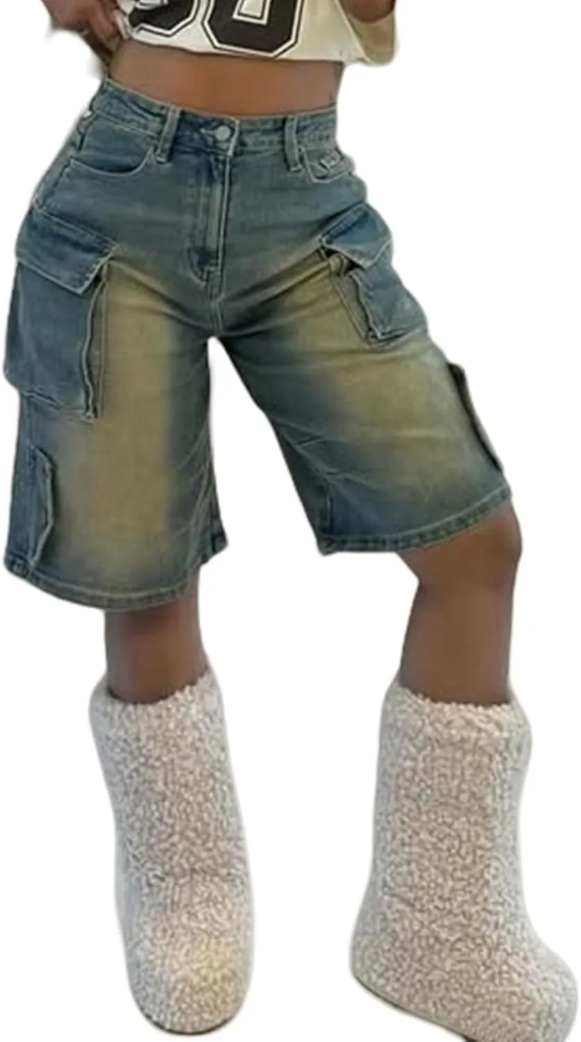 Women Knee Length Denim Shorts Casual High Waisted Jean Shorts Cargo Bermuda Jorts with Pockets Summer Shorts