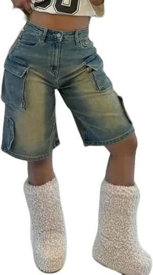 Women Knee Length Denim Shorts Casual High Waisted Jean Shorts Cargo Bermuda Jorts with Pockets Summer Shorts