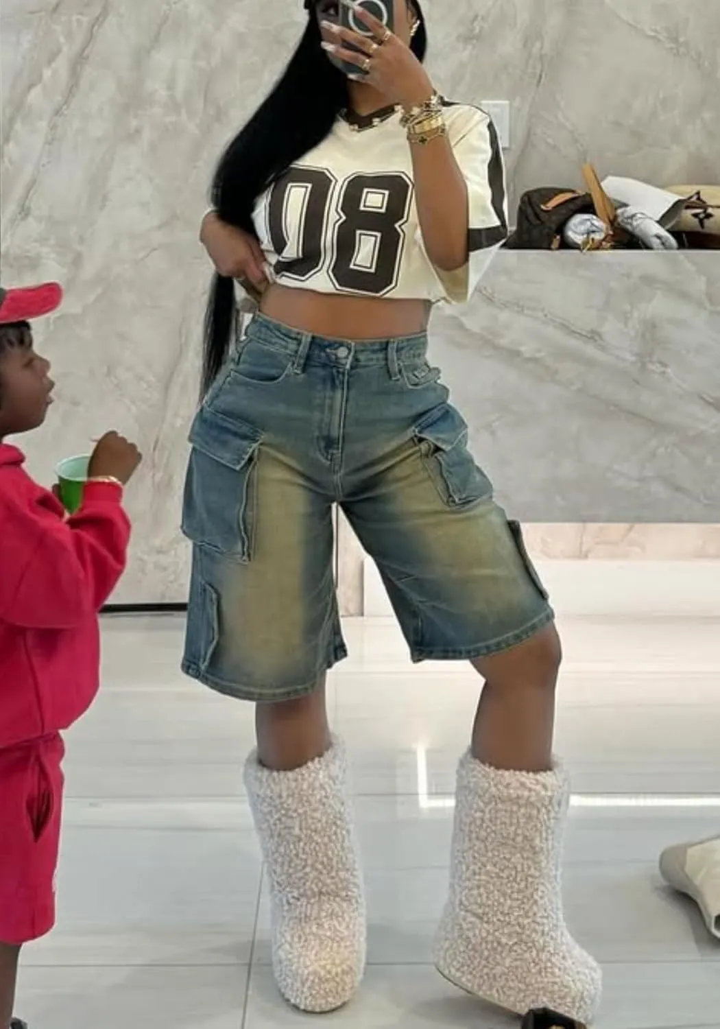 Women Knee Length Denim Shorts Casual High Waisted Jean Shorts Cargo Bermuda Jorts with Pockets Summer Shorts