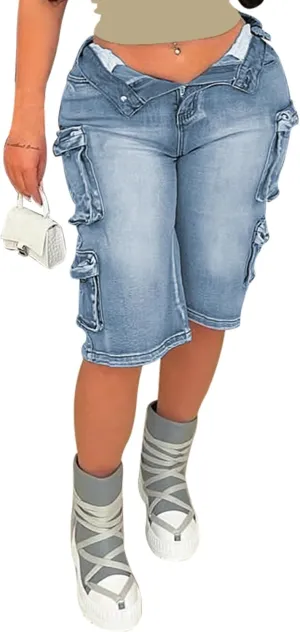 Women Knee Length Denim Shorts Casual High Waisted Jean Shorts Cargo Bermuda Jorts with Pockets Summer Shorts