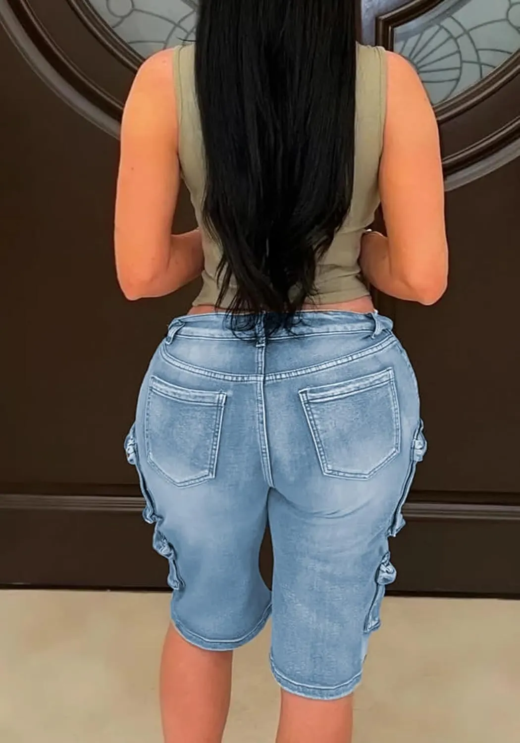 Women Knee Length Denim Shorts Casual High Waisted Jean Shorts Cargo Bermuda Jorts with Pockets Summer Shorts