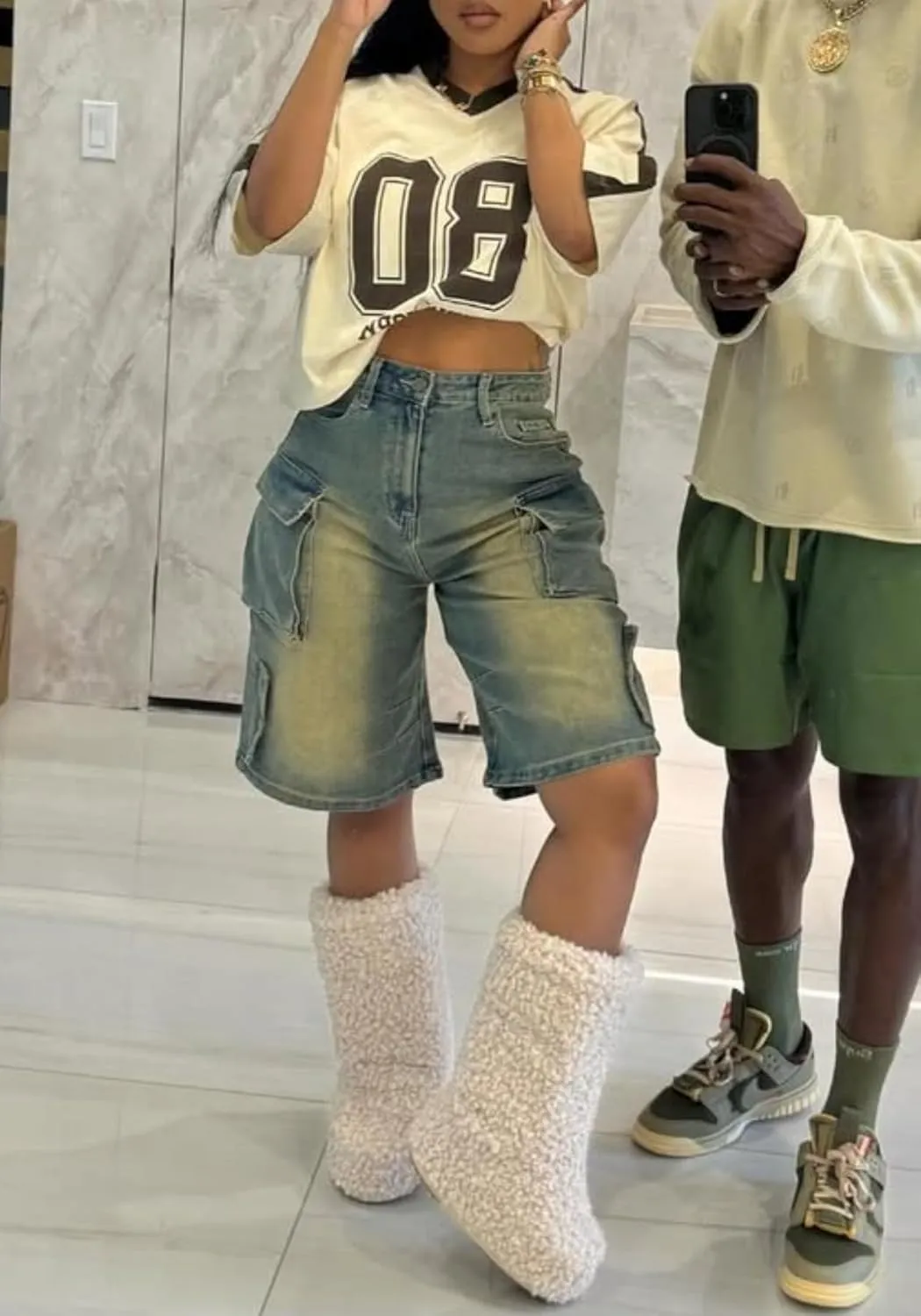 Women Knee Length Denim Shorts Casual High Waisted Jean Shorts Cargo Bermuda Jorts with Pockets Summer Shorts