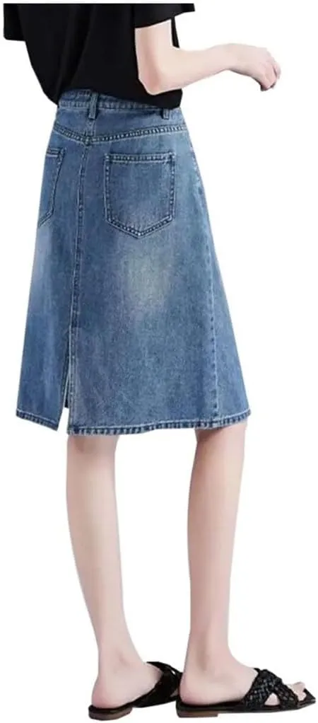 Women Korean Style Denim Skirts for Vintage Midi Jean Skirt Office High Waist A-Line Skirts