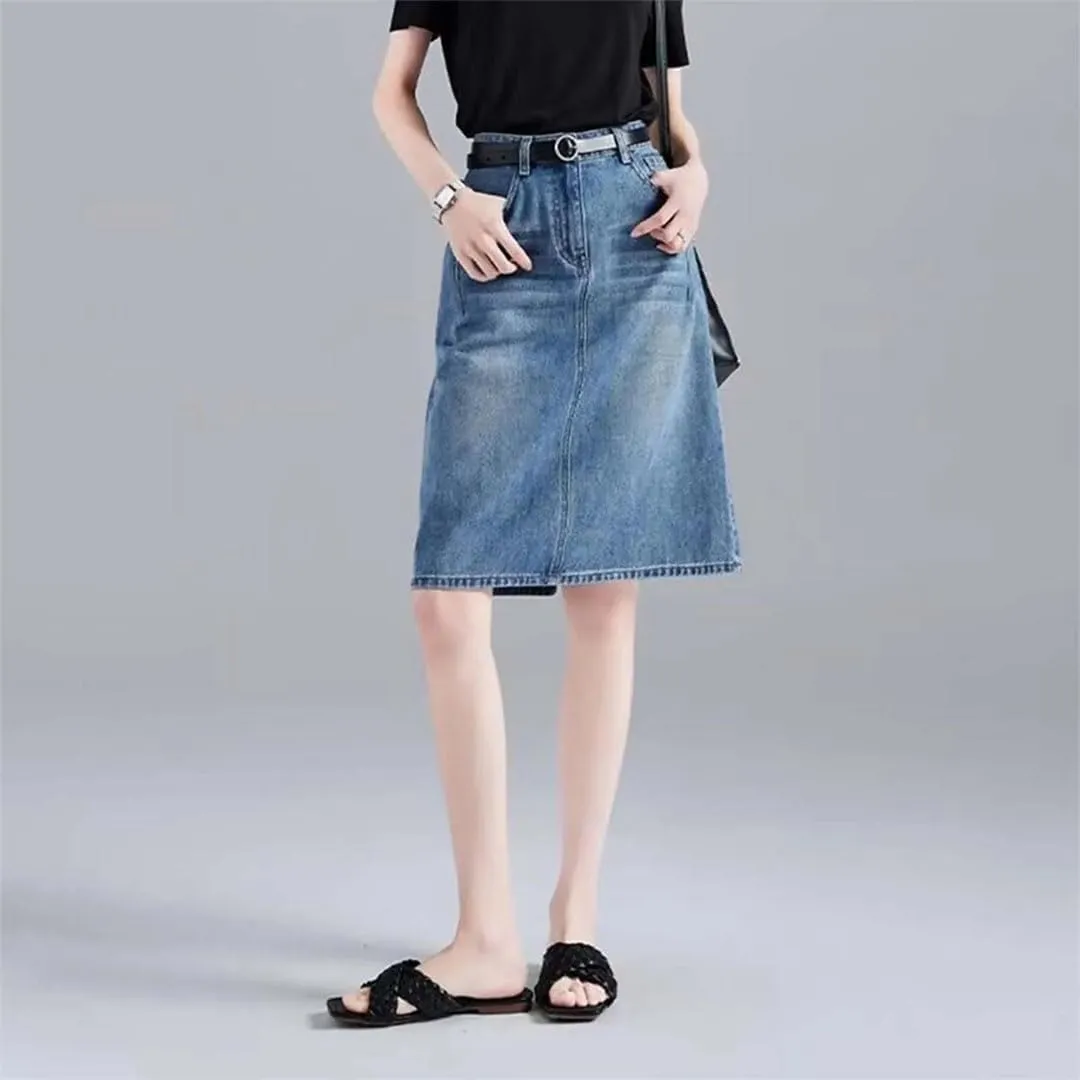 Women Korean Style Denim Skirts for Vintage Midi Jean Skirt Office High Waist A-Line Skirts
