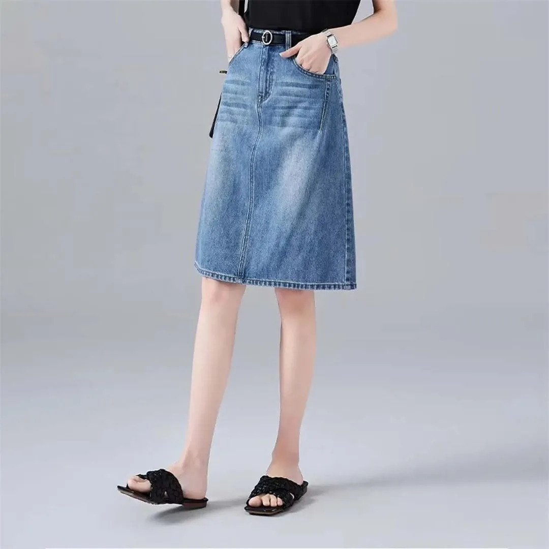 Women Korean Style Denim Skirts for Vintage Midi Jean Skirt Office High Waist A-Line Skirts