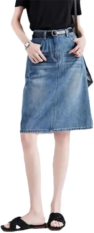 Women Korean Style Denim Skirts for Vintage Midi Jean Skirt Office High Waist A-Line Skirts