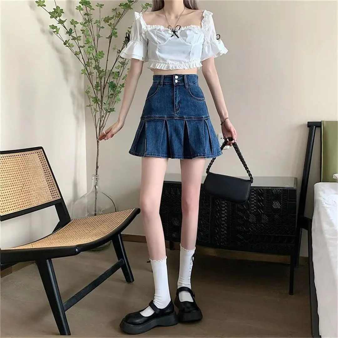 Women Korean Style Pleated Denim Skirt High Waist A-Line Mini Skirts Jean Short Skirts