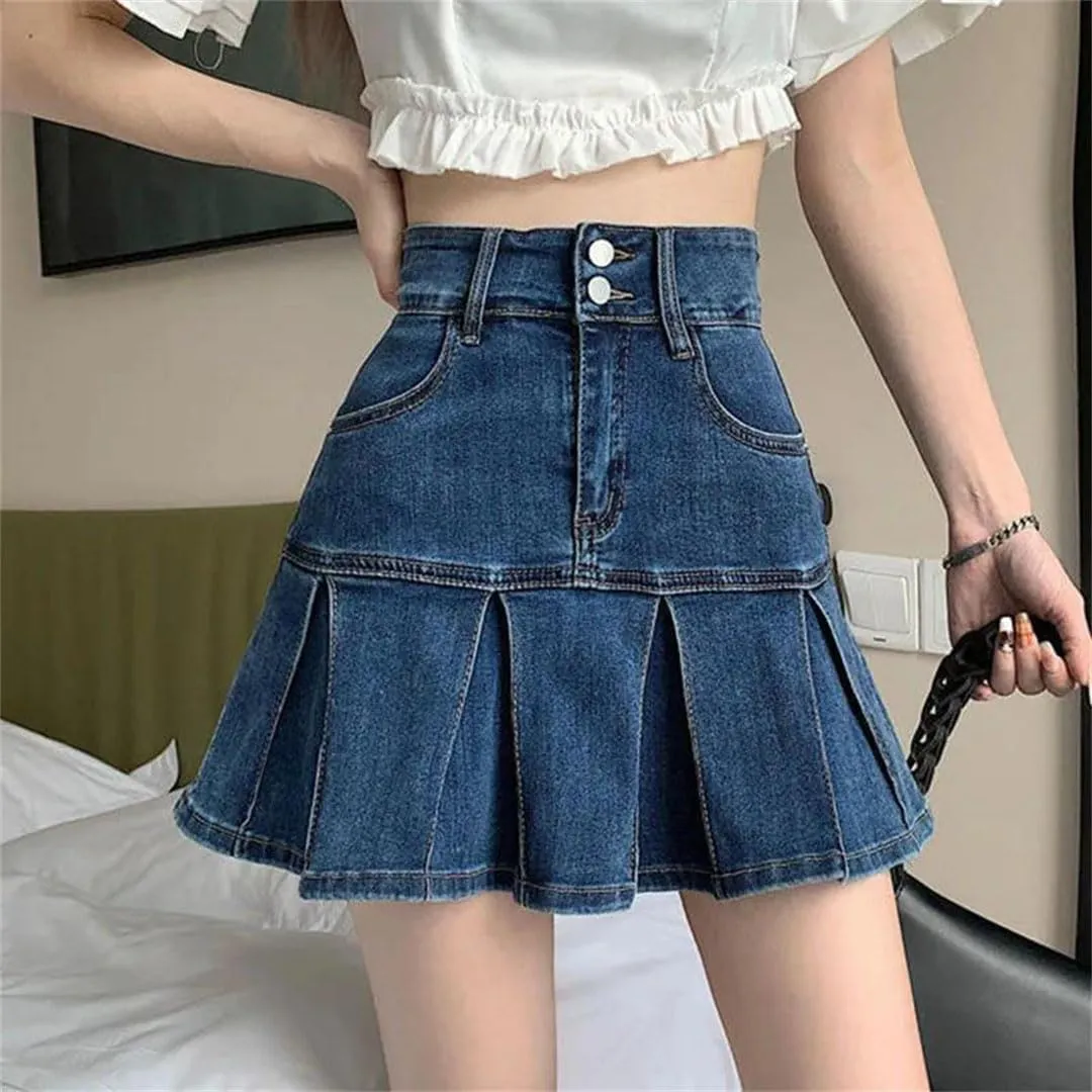 Women Korean Style Pleated Denim Skirt High Waist A-Line Mini Skirts Jean Short Skirts