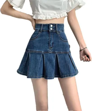 Women Korean Style Pleated Denim Skirt High Waist A-Line Mini Skirts Jean Short Skirts