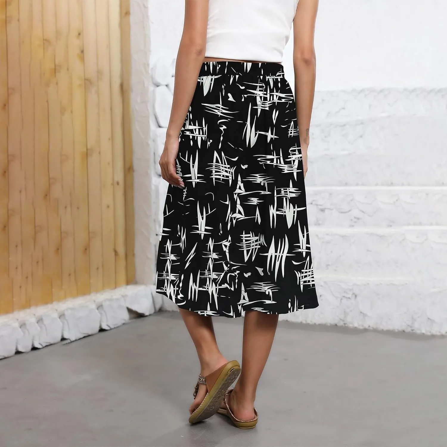Women Midi Skirt Summer Drawstring High Waist Knee Length Skirts Pleated A Line Flowy Work Skirts with Pockets (S-2Xl)