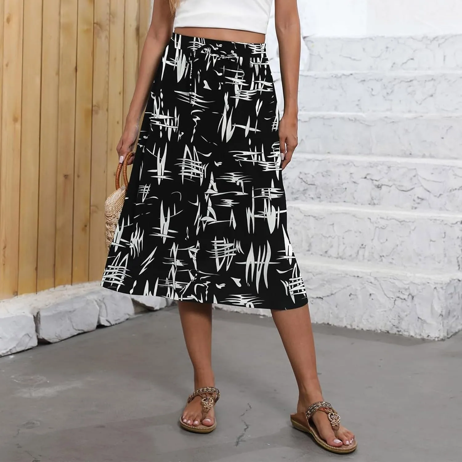 Women Midi Skirt Summer Drawstring High Waist Knee Length Skirts Pleated A Line Flowy Work Skirts with Pockets (S-2Xl)