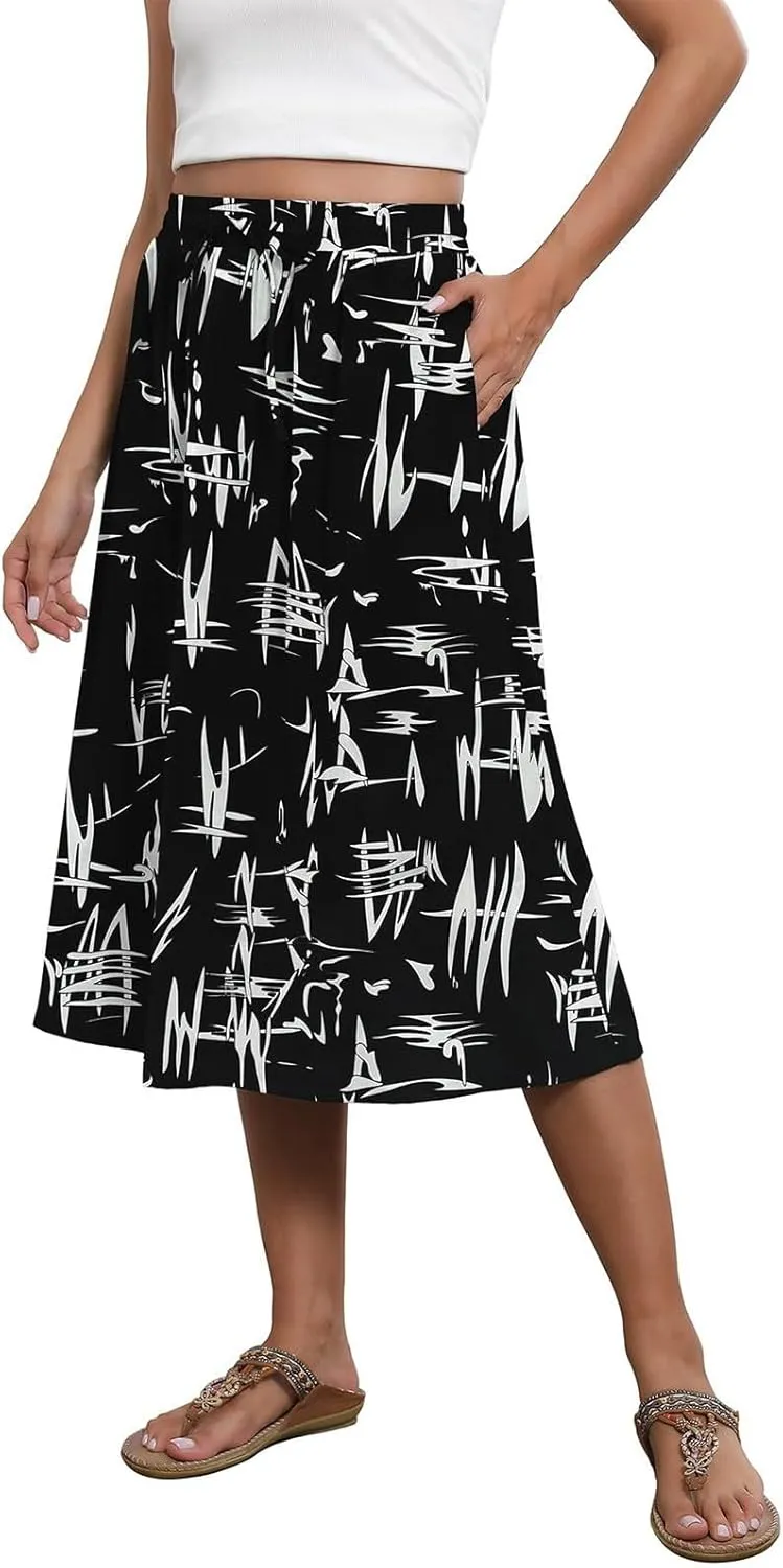Women Midi Skirt Summer Drawstring High Waist Knee Length Skirts Pleated A Line Flowy Work Skirts with Pockets (S-2Xl)