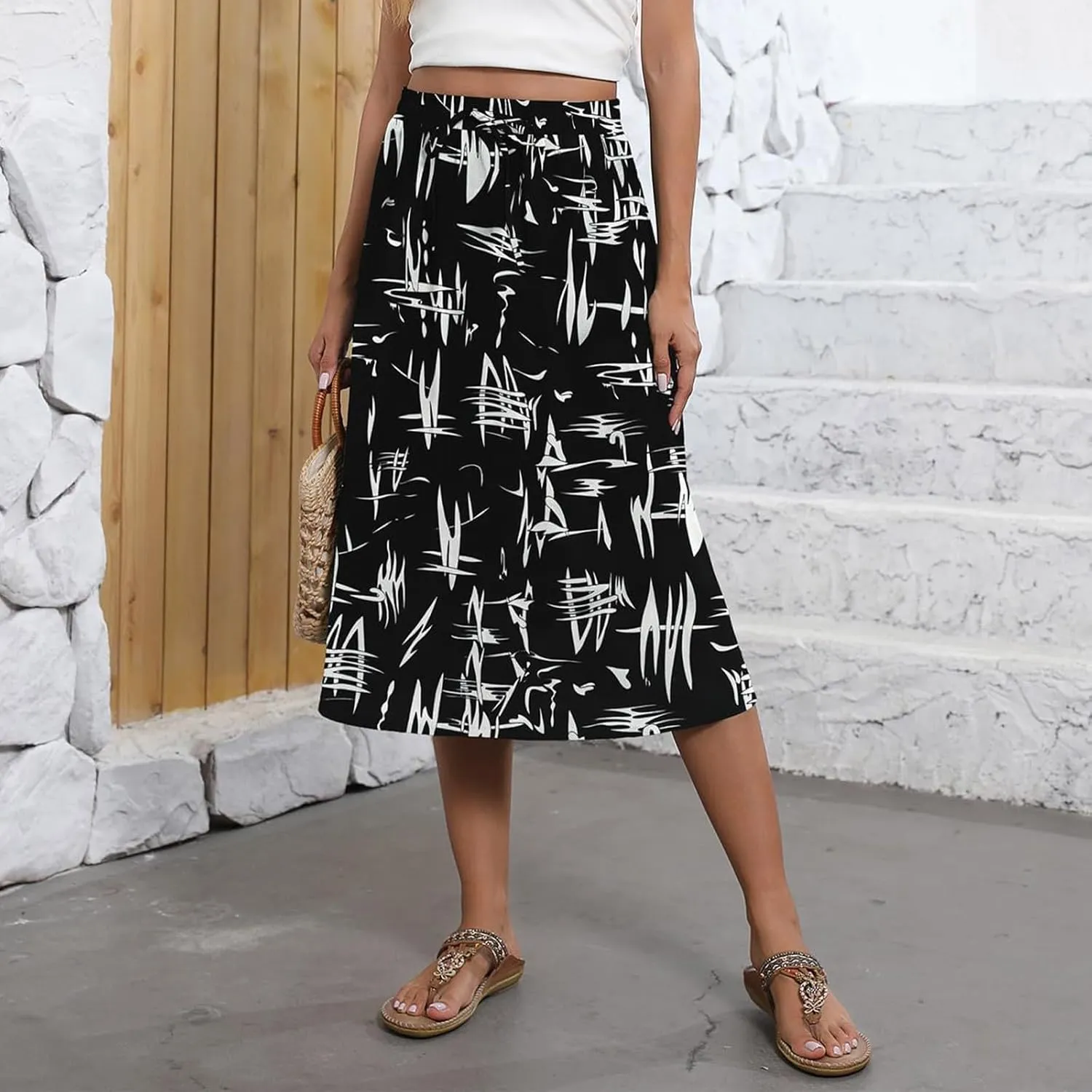 Women Midi Skirt Summer Drawstring High Waist Knee Length Skirts Pleated A Line Flowy Work Skirts with Pockets (S-2Xl)