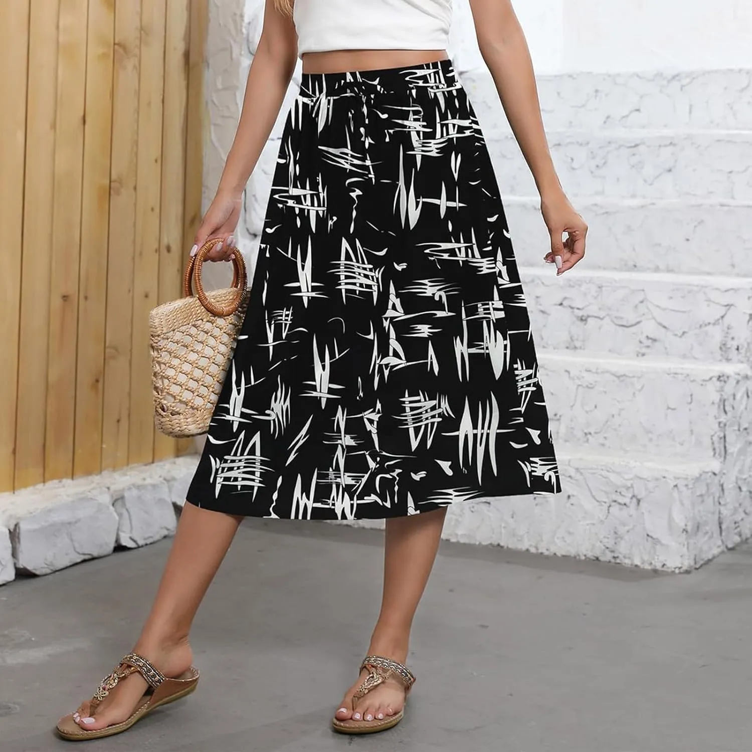 Women Midi Skirt Summer Drawstring High Waist Knee Length Skirts Pleated A Line Flowy Work Skirts with Pockets (S-2Xl)