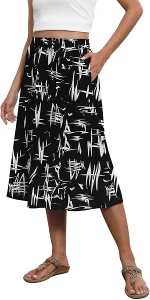 Women Midi Skirt Summer Drawstring High Waist Knee Length Skirts Pleated A Line Flowy Work Skirts with Pockets (S-2Xl)