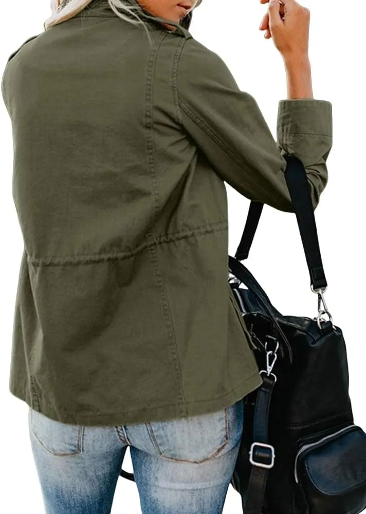 Women Military Anorak Jackets Lightweight Zip Up Utility Cargo Coats Casual Long Sleeve Snap Buttons Safari Outwear
