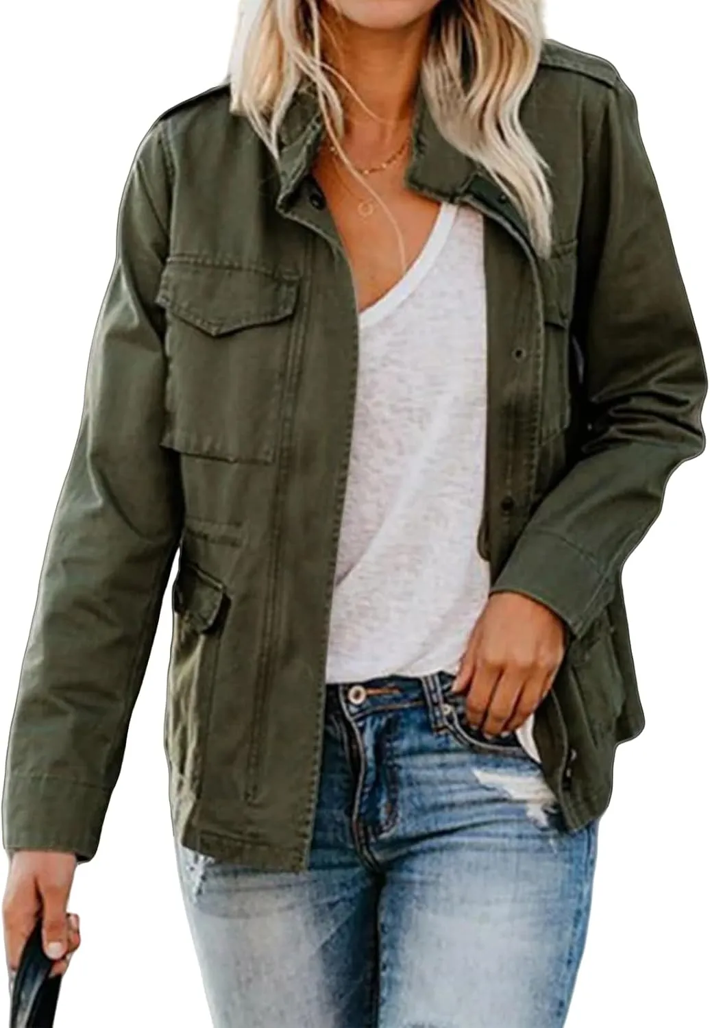 Women Military Anorak Jackets Lightweight Zip Up Utility Cargo Coats Casual Long Sleeve Snap Buttons Safari Outwear