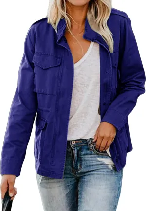 Women Military Anorak Jackets Lightweight Zip Up Utility Cargo Coats Casual Long Sleeve Snap Buttons Safari Outwear