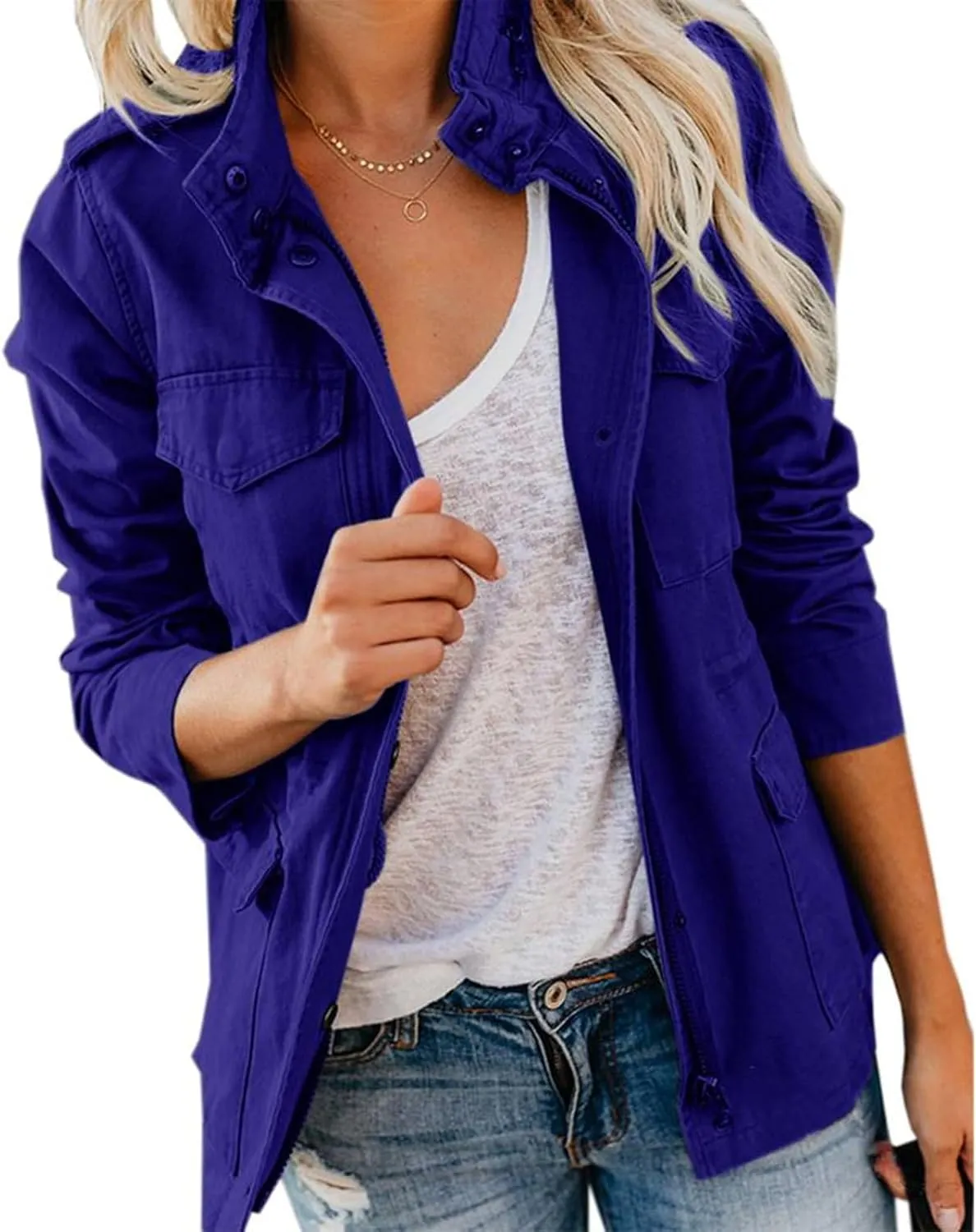 Women Military Anorak Jackets Lightweight Zip Up Utility Cargo Coats Casual Long Sleeve Snap Buttons Safari Outwear