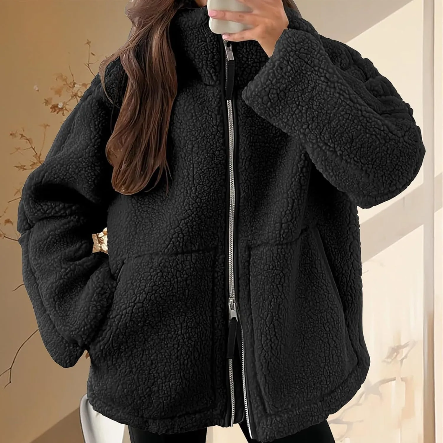 Women Sherpa Fleece Jacket 2024 Fall Winter Trendy Stand Collar Warm Fuzzy Coat Long Sleeve Zip Up Parka with Pockets