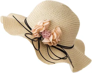 Women Straw Flower Hat Wide Brim Beach Sun Cap Foldable Large Lady Floppy Braided for Summer Travel Vacation