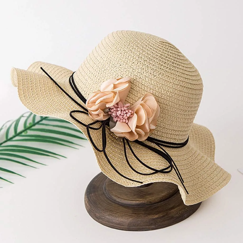 Women Straw Flower Hat Wide Brim Beach Sun Cap Foldable Large Lady Floppy Braided for Summer Travel Vacation