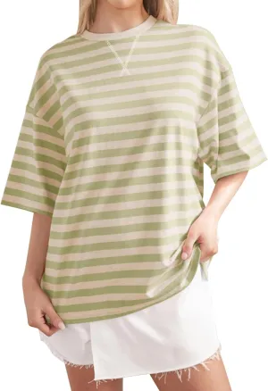 Women Striped Oversized T-Shirts Color Block Crew Neck Short Sleeve Shirt Casual Pullover Top Summer Clothes