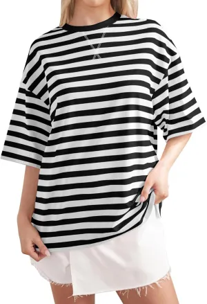 Women Striped Oversized T-Shirts Color Block Crew Neck Short Sleeve Shirt Casual Pullover Top Summer Clothes