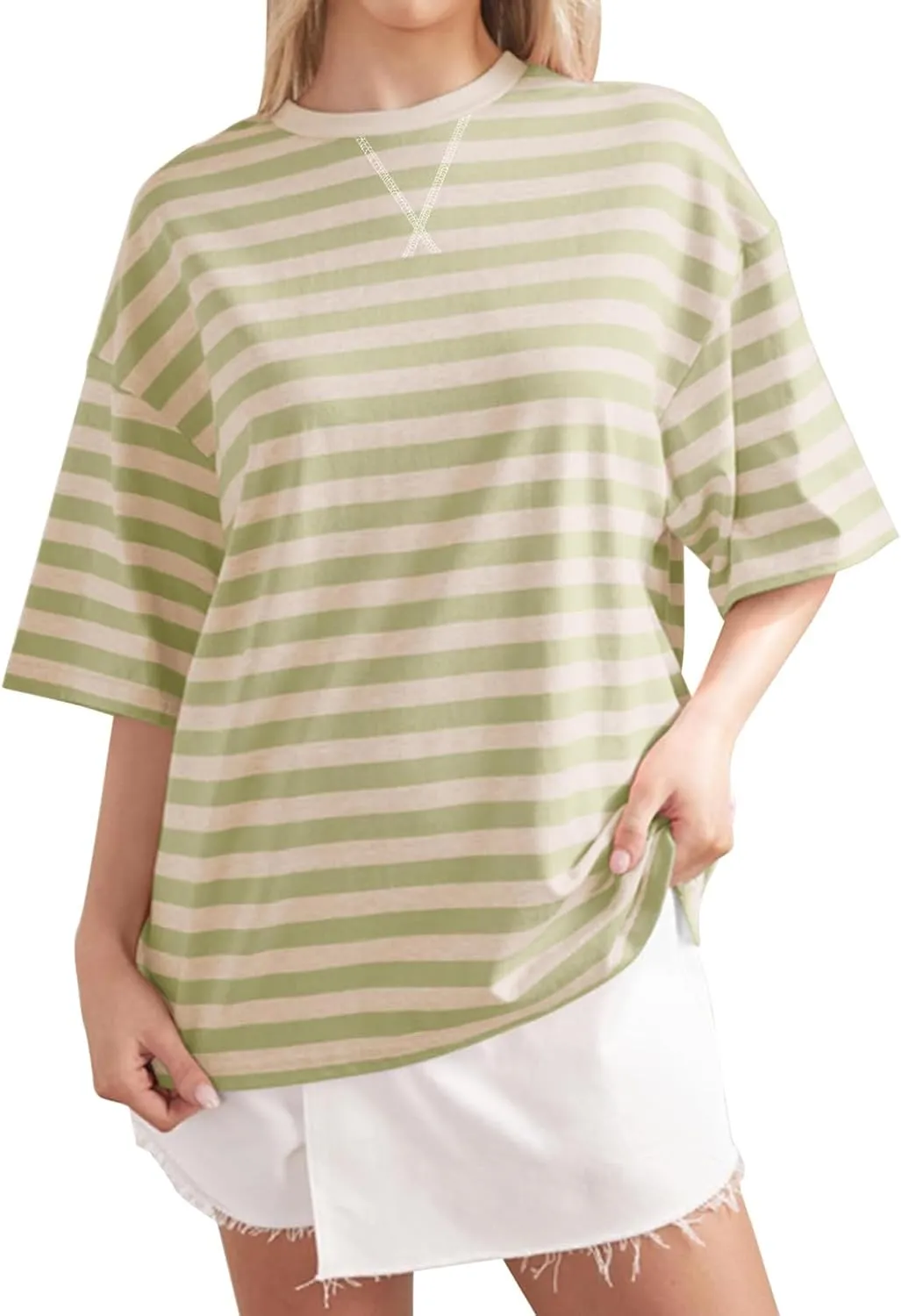 Women Striped Oversized T-Shirts Color Block Crew Neck Short Sleeve Shirt Casual Pullover Top Summer Clothes
