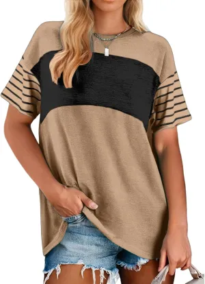 Women Summer Casual Shirts Short Sleeve Striped Loose Crewneck Color Block Tops Vacation Trendy Tshirts Tee Blouses