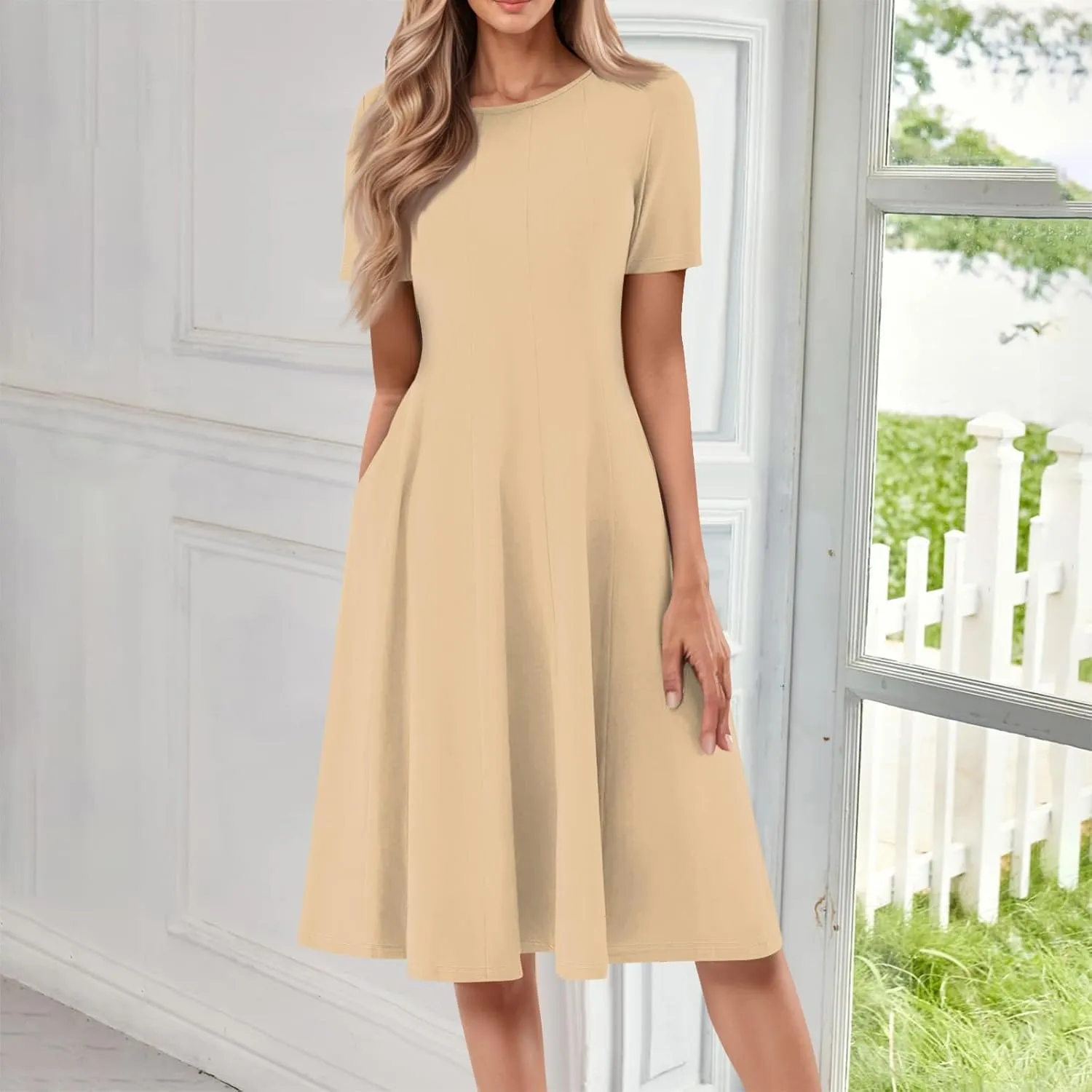 Women Summer Dresses Women's Summer 2025 Midi Dresses Fahion Casual Plain Pleated Crew Neck A Line Dresses