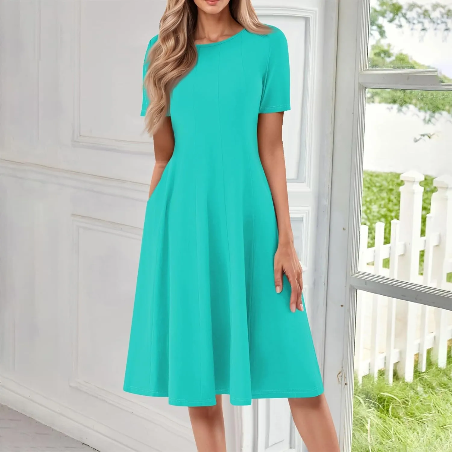 Women Summer Dresses Women's Summer 2025 Midi Dresses Fahion Casual Plain Pleated Crew Neck A Line Dresses