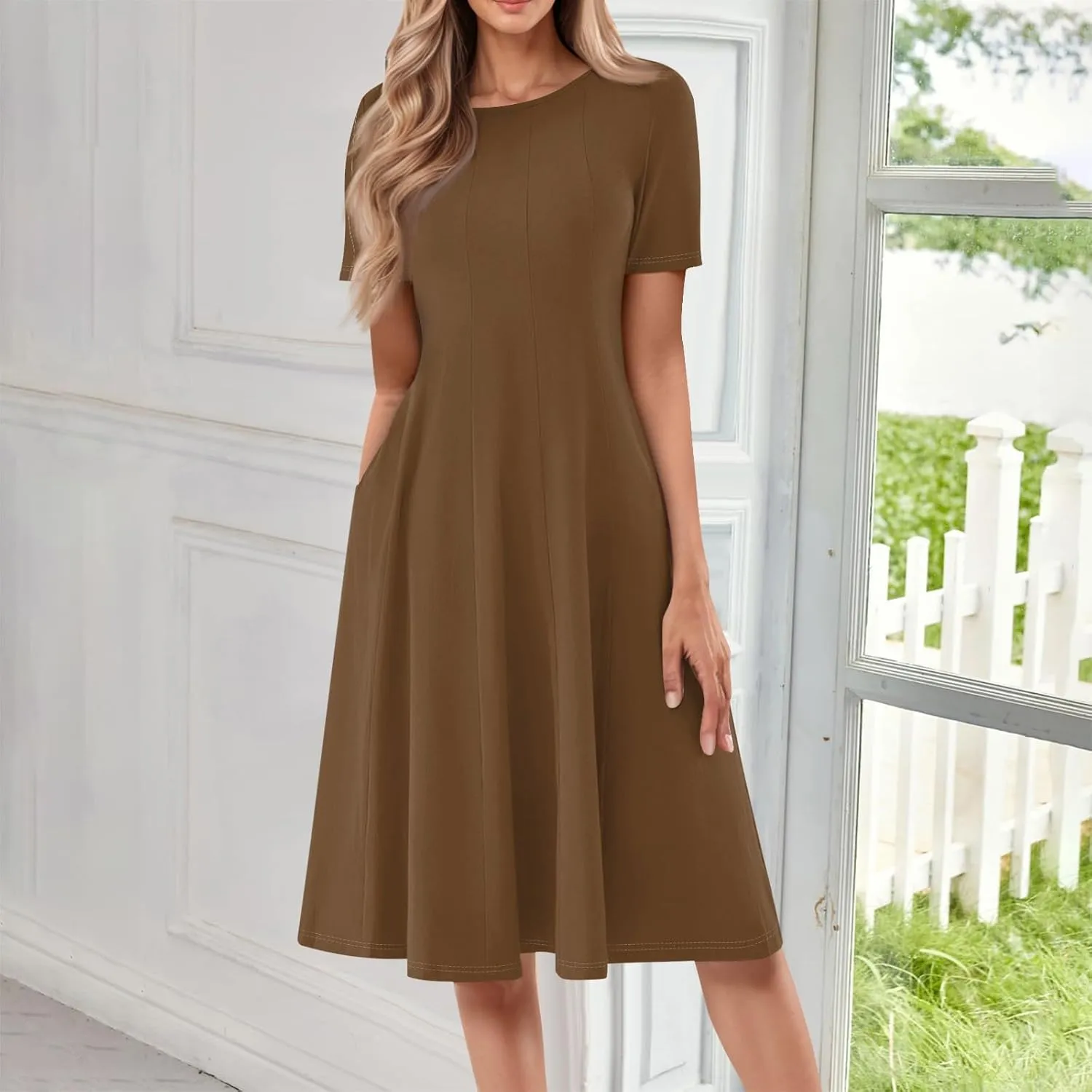 Women Summer Dresses Women's Summer 2025 Midi Dresses Fahion Casual Plain Pleated Crew Neck A Line Dresses
