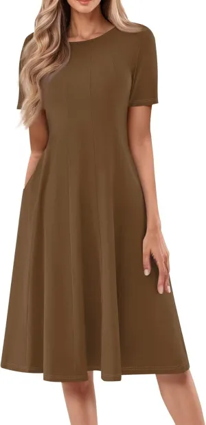 Women Summer Dresses Women's Summer 2025 Midi Dresses Fahion Casual Plain Pleated Crew Neck A Line Dresses
