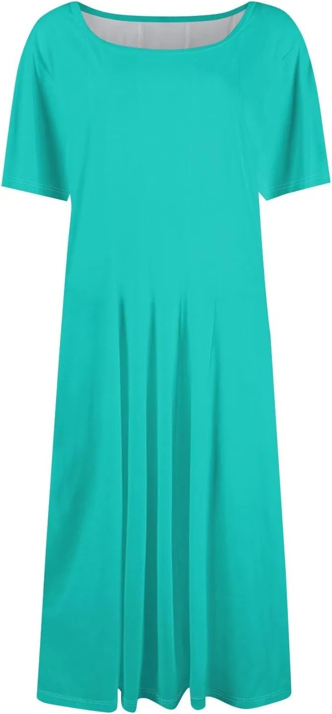 Women Summer Dresses Women's Summer 2025 Midi Dresses Fahion Casual Plain Pleated Crew Neck A Line Dresses