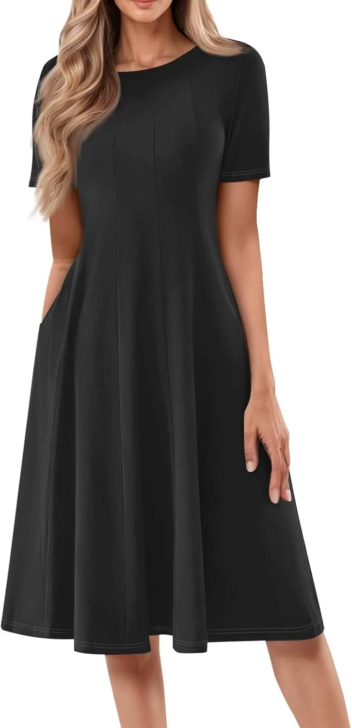 Women Summer Dresses Women's Summer 2025 Midi Dresses Fahion Casual Plain Pleated Crew Neck A Line Dresses