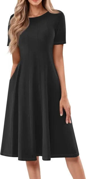 Women Summer Dresses Women's Summer 2025 Midi Dresses Fahion Casual Plain Pleated Crew Neck A Line Dresses