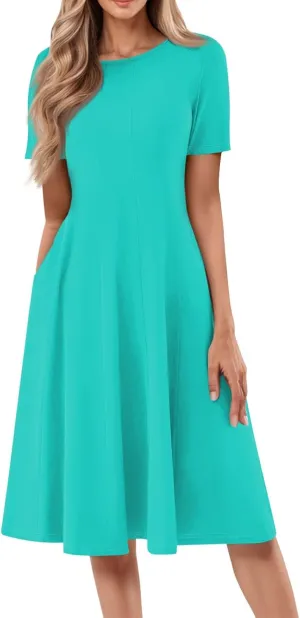 Women Summer Dresses Women's Summer 2025 Midi Dresses Fahion Casual Plain Pleated Crew Neck A Line Dresses