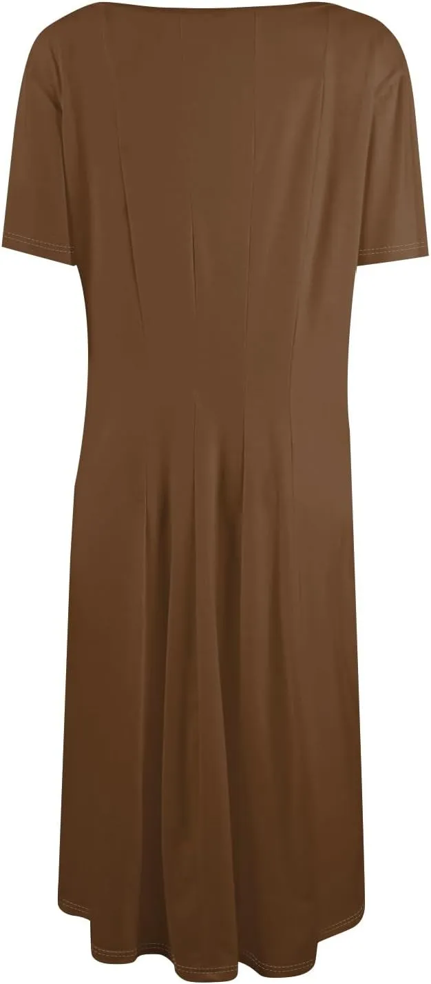 Women Summer Dresses Women's Summer 2025 Midi Dresses Fahion Casual Plain Pleated Crew Neck A Line Dresses