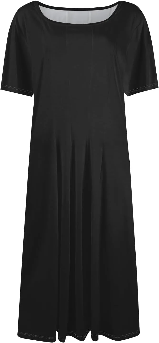 Women Summer Dresses Women's Summer 2025 Midi Dresses Fahion Casual Plain Pleated Crew Neck A Line Dresses