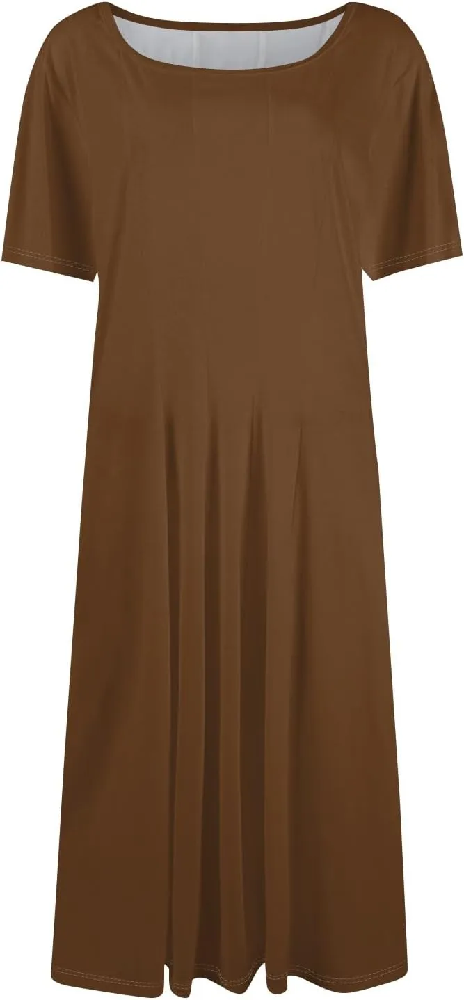Women Summer Dresses Women's Summer 2025 Midi Dresses Fahion Casual Plain Pleated Crew Neck A Line Dresses