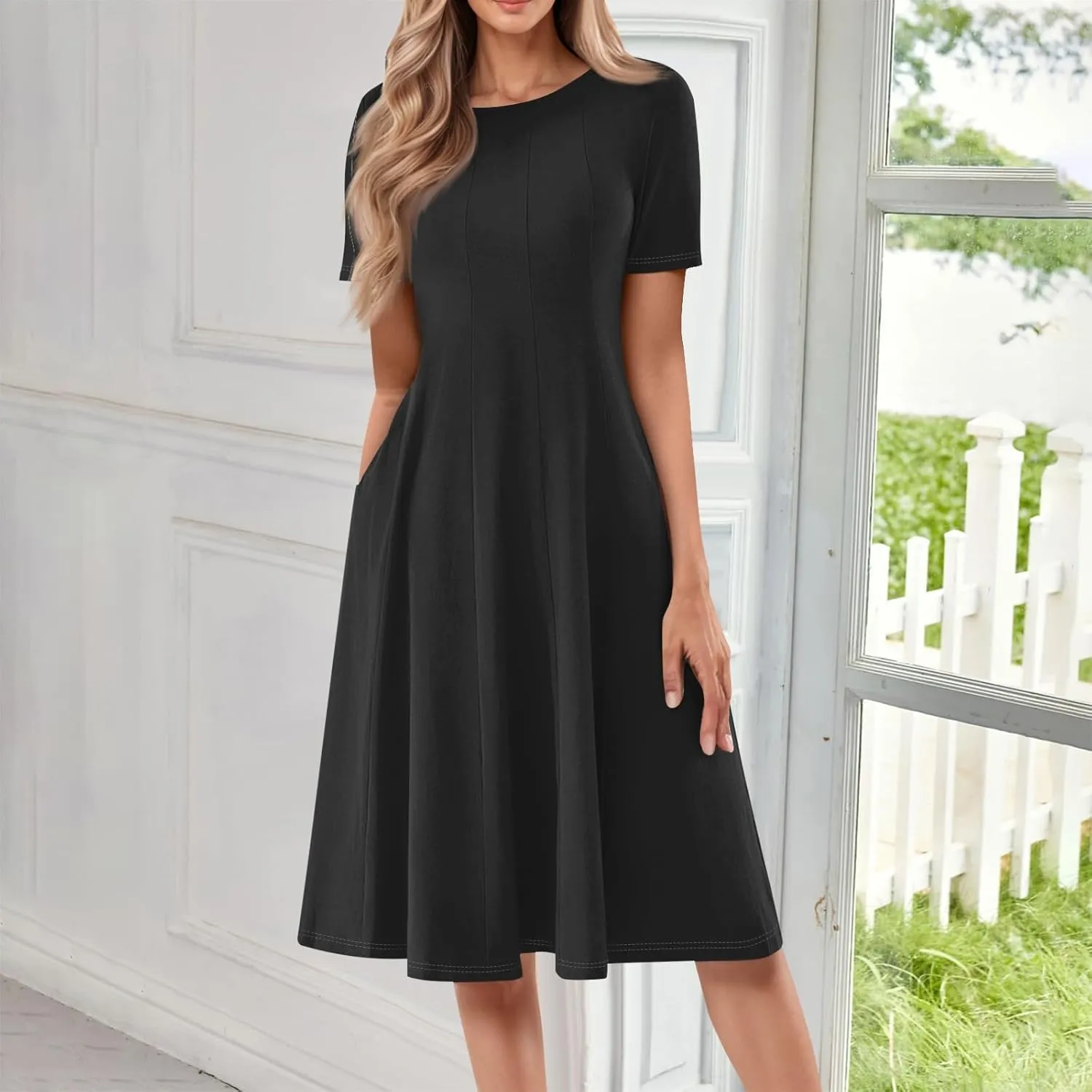 Women Summer Dresses Women's Summer 2025 Midi Dresses Fahion Casual Plain Pleated Crew Neck A Line Dresses