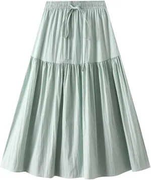 Women Summer Flowy Boho Maxi Skirt Trendy 2025 Drawstring Tiered A-Line Pleated Flowy Long Beach Skirt Elastic Waist