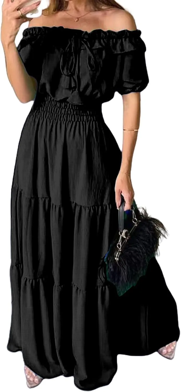 Women Summer Maxi Dress Summer Off Shoulder Ruffle Long Dress Puff Sleeve Flowy Tiered Beach Sundress