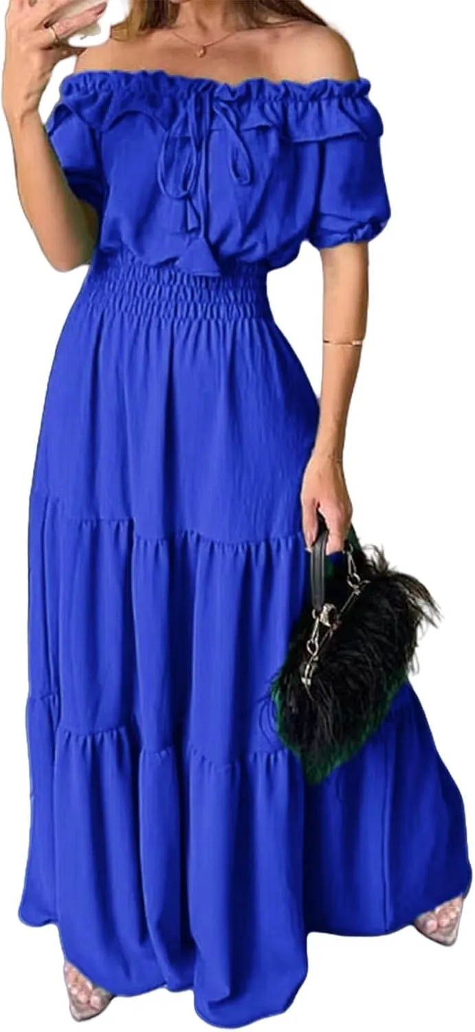 Women Summer Maxi Dress Summer Off Shoulder Ruffle Long Dress Puff Sleeve Flowy Tiered Beach Sundress